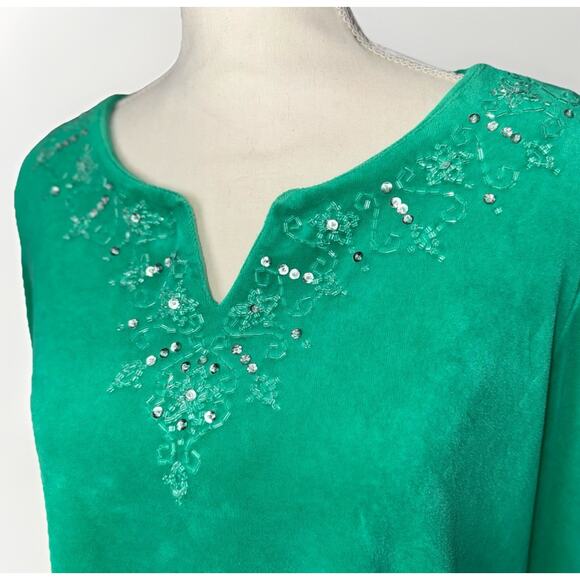 Quacker Factory LG Green Velour Shirt Sequin Velvet Holiday V Neck Christmas Top - Picture 2 of 5